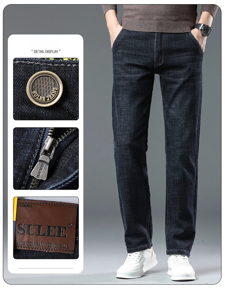 SULEE New High Quality Jeans Men's Business Casual Straight Denim Pants Stretch Fashion Classic Work Trousers Blue Black Male