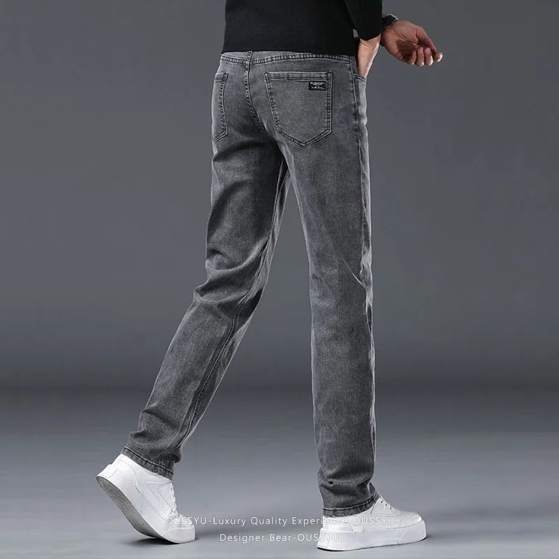 2026 New Men's Slim Jeans Elastic Straight Casual Denim Pants Korean Fashion Cotton Work Male Spring Autumn Trousers Black Gray