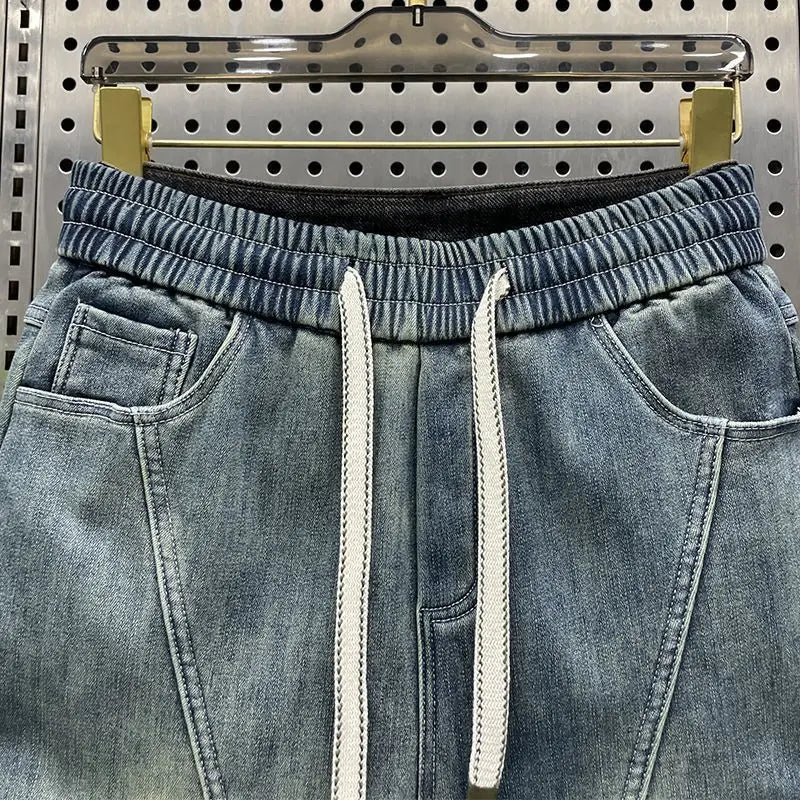 Trendy Men's Splicing Casual Pants Elastic Waist Blue Old Jeans Loose and Versatile Fashion Harlan Pants