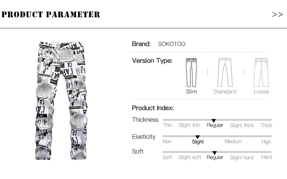 Men Newspaper Print Jeans Fashion Letters White Denim Pants Casual Slim Tapered Costume Trousers