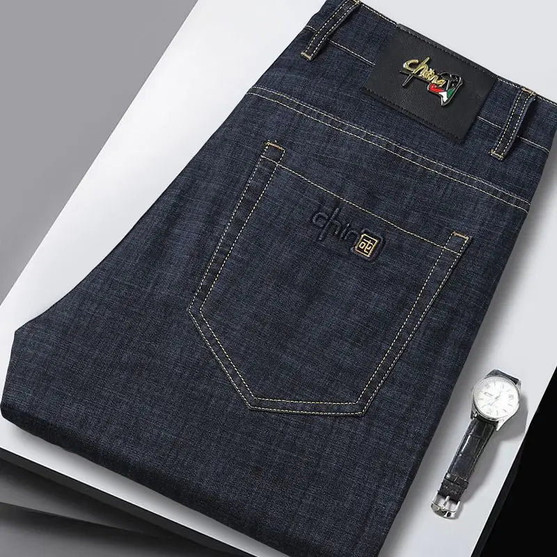 Summer Ultra-thin Men's Jeans Lyocell Soft Breathable Loose Straight Light Blue Denim Pants Business Casual Ice Silk Trousers