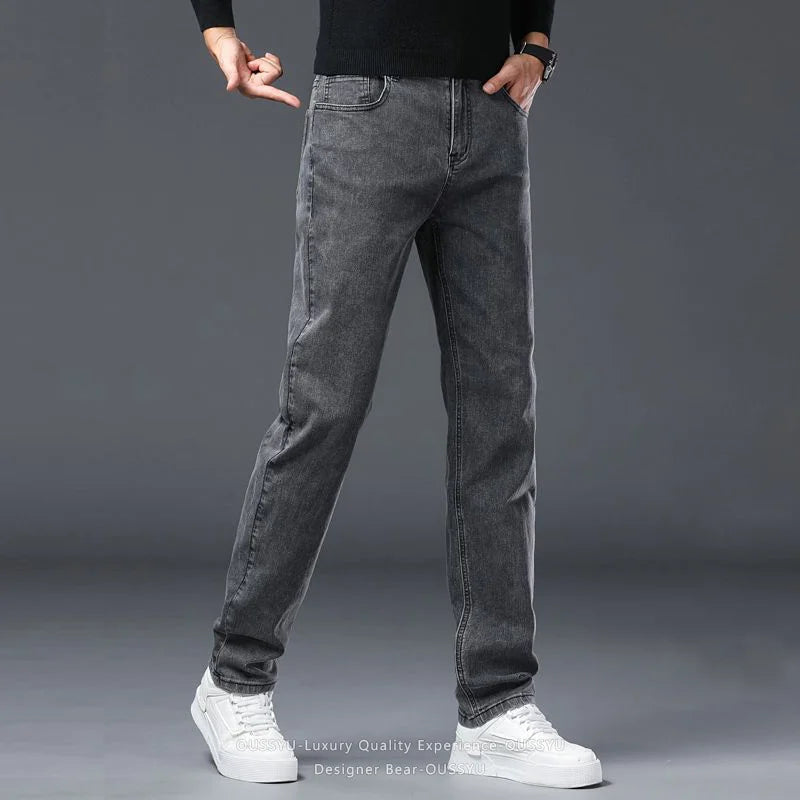 2026 New Men's Slim Jeans Elastic Straight Casual Denim Pants Korean Fashion Cotton Work Male Spring Autumn Trousers Black Gray