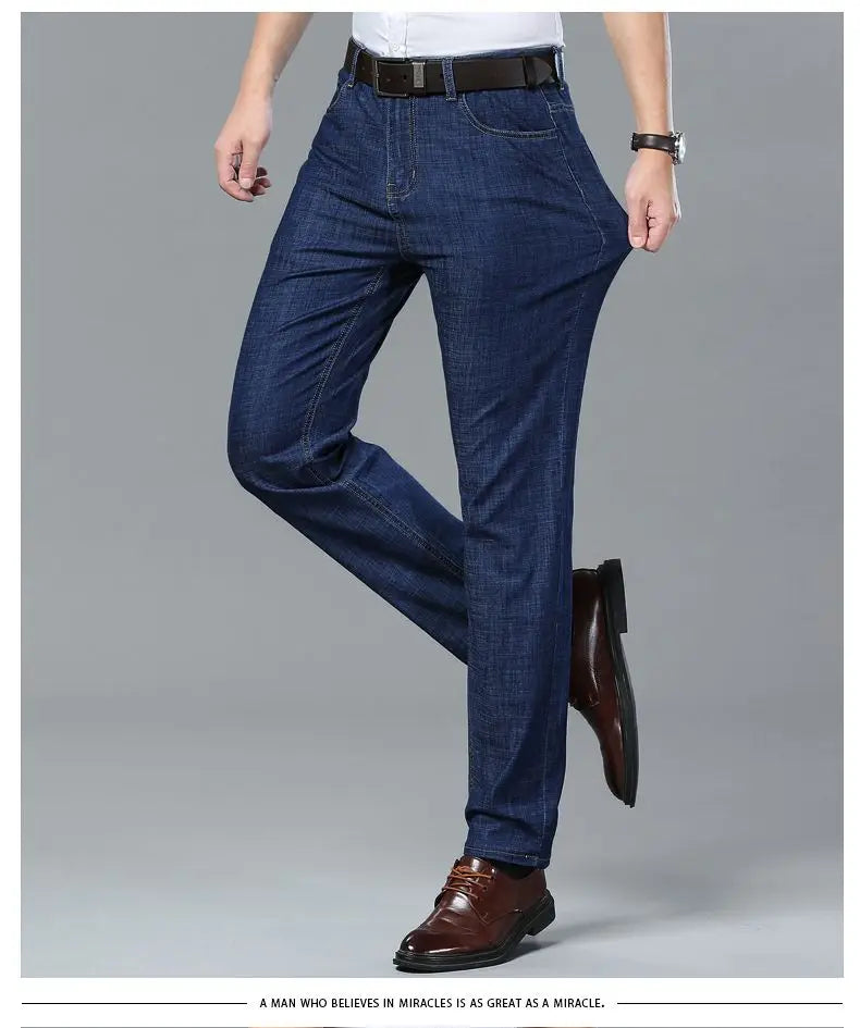 Summer Ultra-thin Men's Jeans Lyocell Soft Breathable Loose Straight Light Blue Denim Pants Business Casual Ice Silk Trousers
